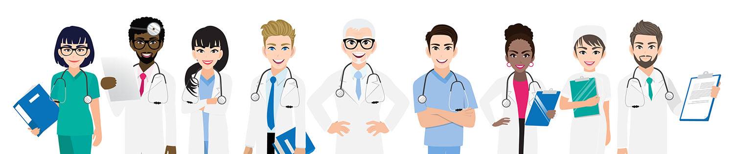 Group of doctors and a nurse team standing together in different The Diamond Job Fair 2020